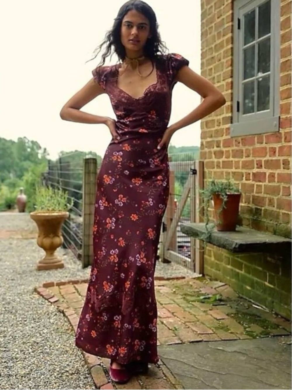 Free People Dainty Lace Retro 90s Butterfly Babe Maxi Dress Brown Combo Medium